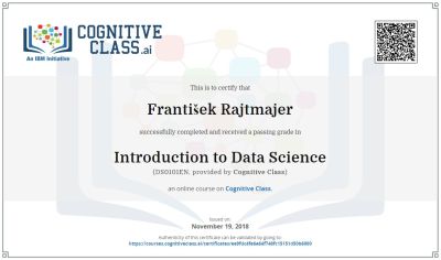 Certifikát Data Science pro Františka Rajtmajera