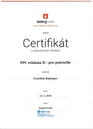 Certifikát PPC reklama Dobry web pro Františka Rajtmajera