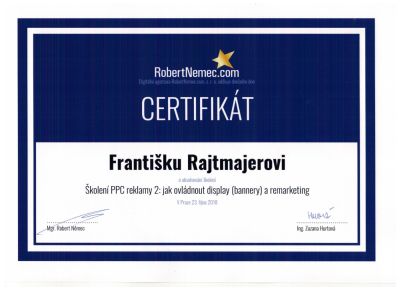 Certifikát PPC reklama Robert Nemec pro Františka Rajtmajera