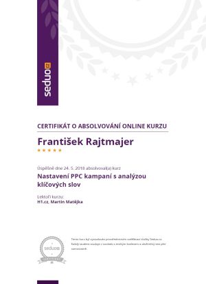 Certifikát za kurz využití analýzy klíčových slov v PPC