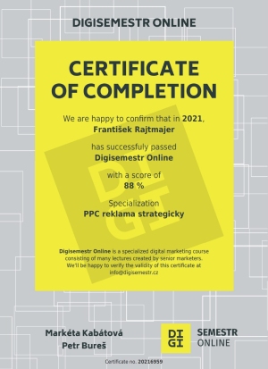 Certifikát PPC strategicky pro Františka Rajtmajera